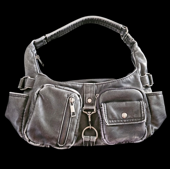 Handbags - Y2K Dark Grey Faux Leather Grunge Shoulder Bag